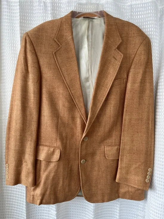 Vintage 80s Lands’ End 100% Wool Blazer 42R Tan Herringbone USA Tailored - Picture 3 of 11